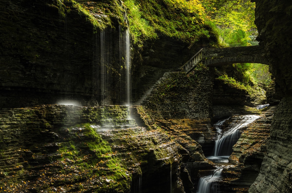 Rainbow Falls and the Stone Bridge. Watkins Glen State Park, NY