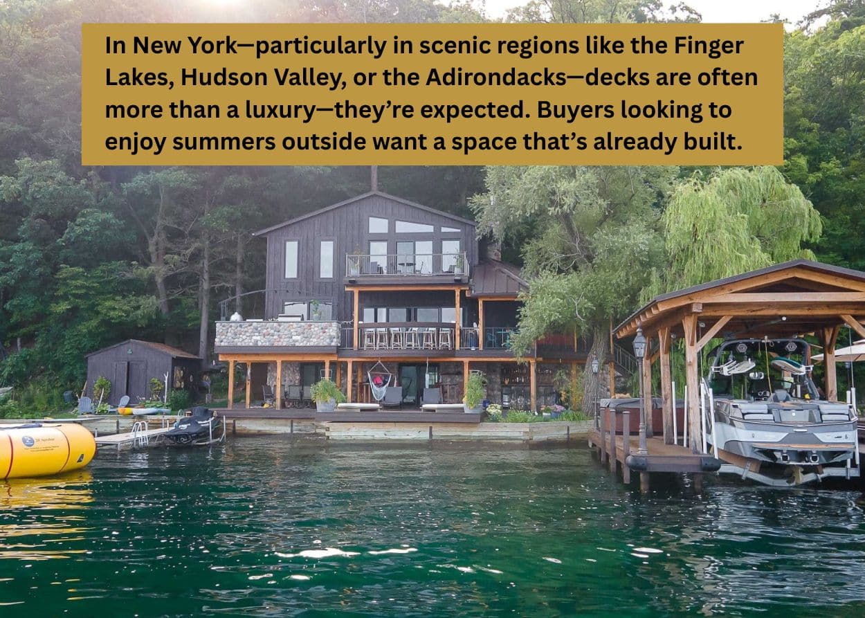 In New York—particularly in scenic regions like the Finger Lakes, Hudson Valley, or the Adirondacks—decks are often more than a luxury—they’re expected. Buyers looking to enjoy summers outside want a space that’s already built.