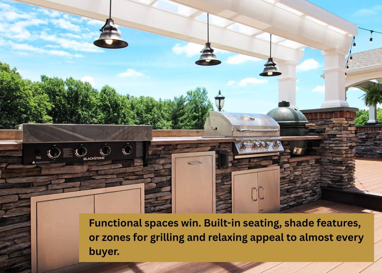 Functional spaces win. Built-in seating, shade features, or zones for grilling and relaxing appeal to almost every buyer.