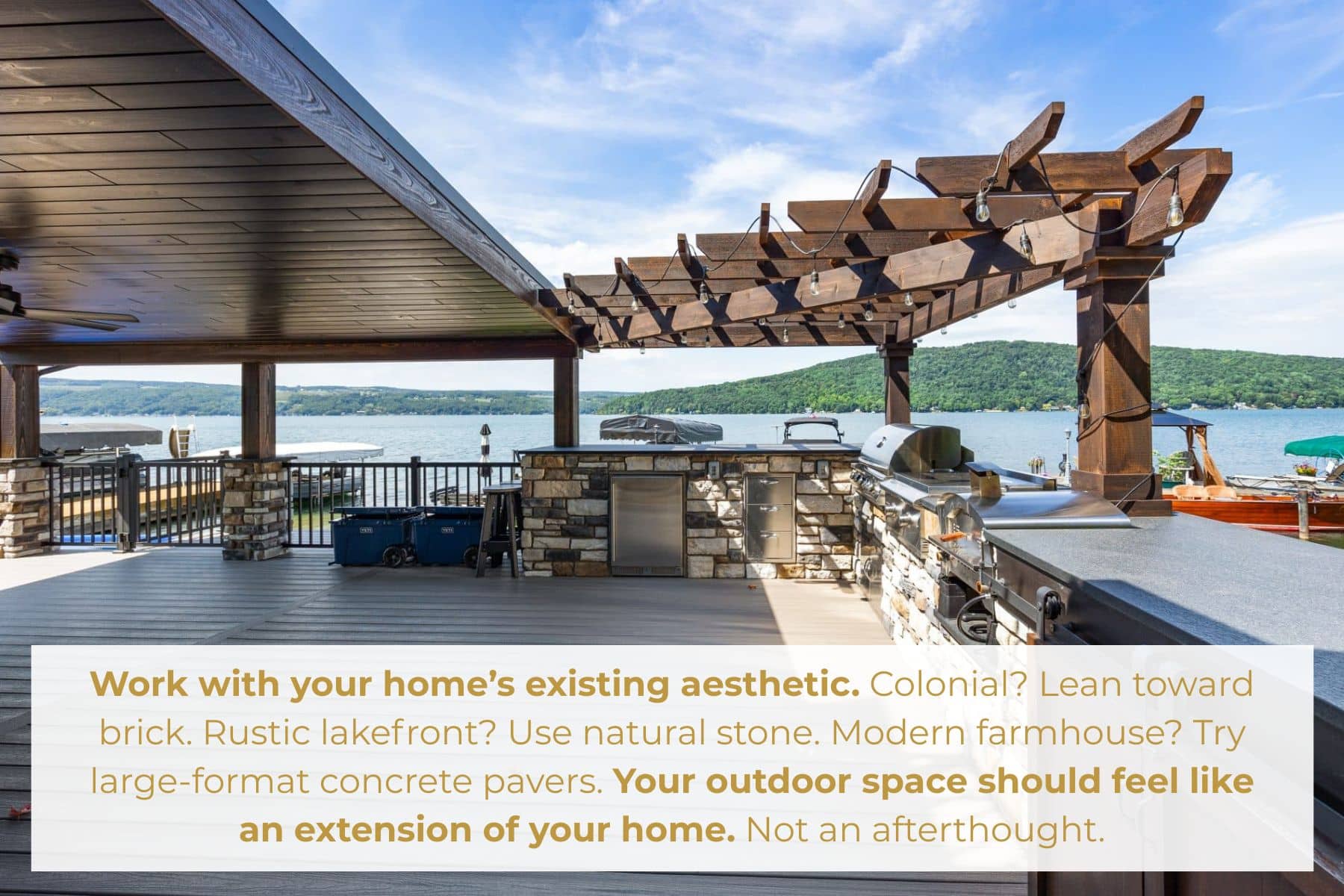 Work with your home’s existing aesthetic. Colonial? Lean toward brick. Rustic lakefront? Use natural stone. Modern farmhouse? Try large-format concrete pavers. Your outdoor space should feel like an extension of your home. Not an afterthought.